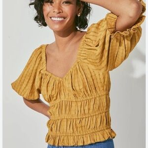 Cleobella Rebecca Blouse Organic Cotton Gold Sweetheart Neck Ruffle Sz L